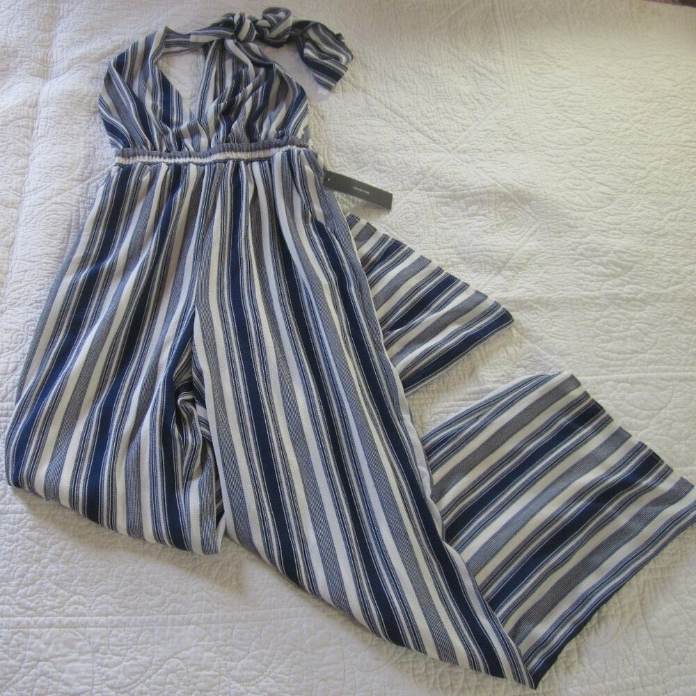 Lulu's Jumpsuit XS Sunbathing in Spain Navy Blue White Stripe Halter